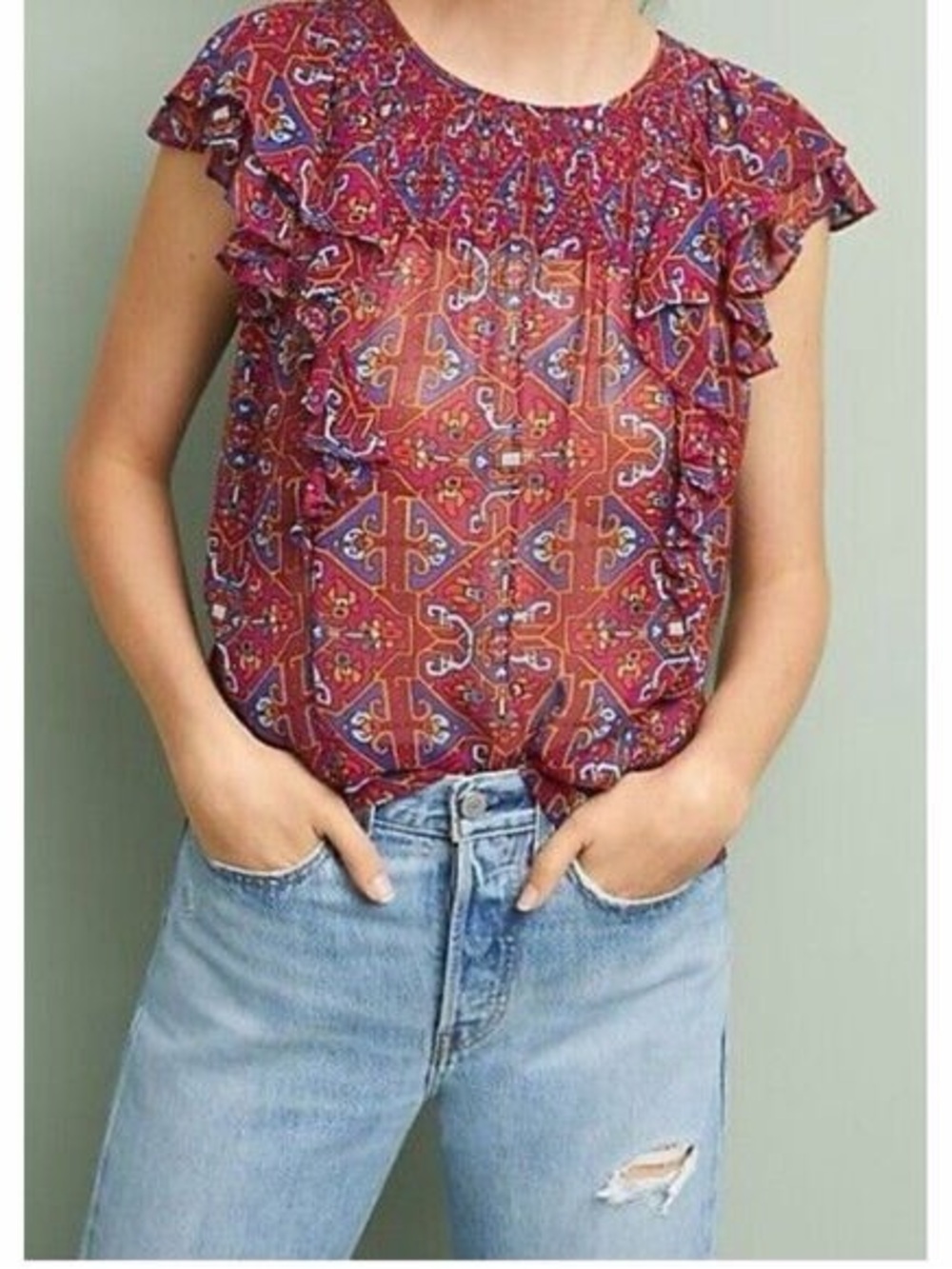 Anthropologie Meadow Rue Red Multi Paisley Ruffle Sleeve Blouse